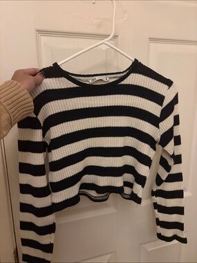 Zara Black & White Striped Ribbed Long Sleeve Crop Top